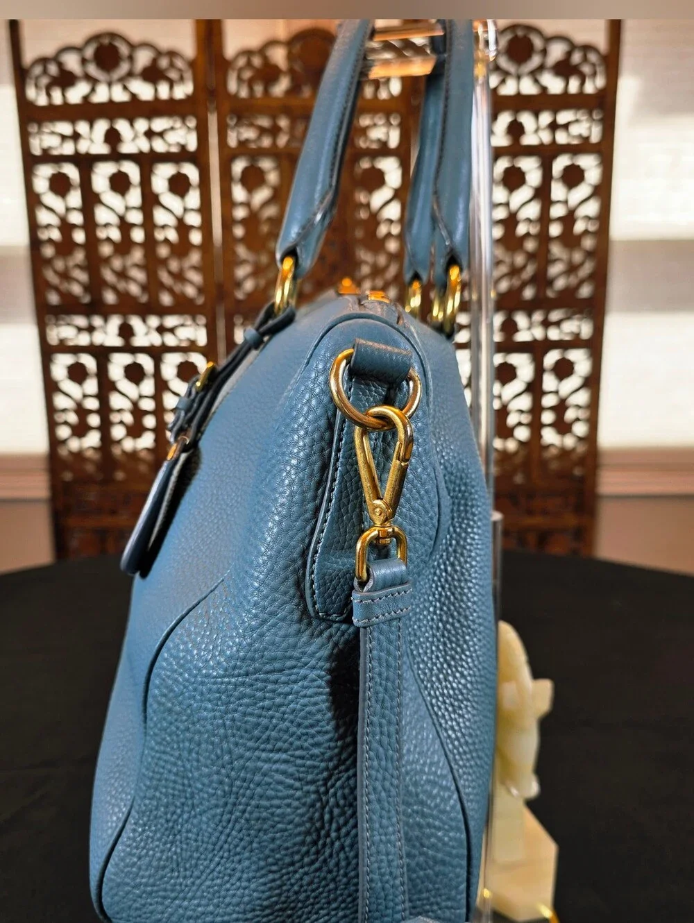 Authentic Prada Vitello Daino Blue Leather Top Handle Handbag  Comes w COA